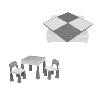 Set masuta si doua scaune pentru copii, Grey and White, Cu parte detasabila si reversibila, Partea reversibila pentru Lego Duplo, New Baby BYN49111