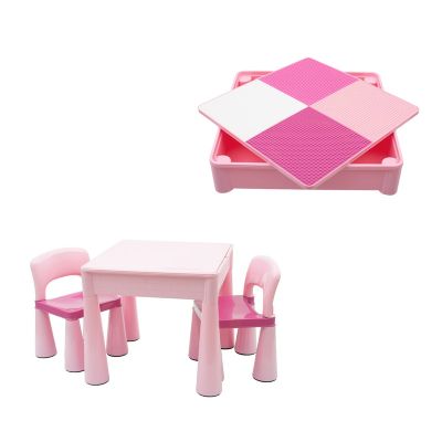 Set masuta si doua scaune pentru copii, Pink, Cu parte detasabila si reversibila, Partea reversibila pentru Lego Duplo, New Baby BYN39259