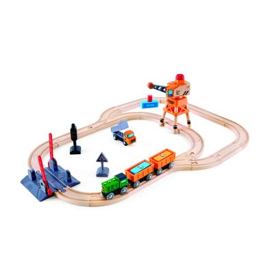 Jucarie din lemn - Set tren de marfa cu macara (34 piese) TSGE3732A