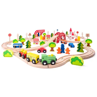 Jucarie din lemn - Set tren cu pod si bariera (90 piese) TSG93062