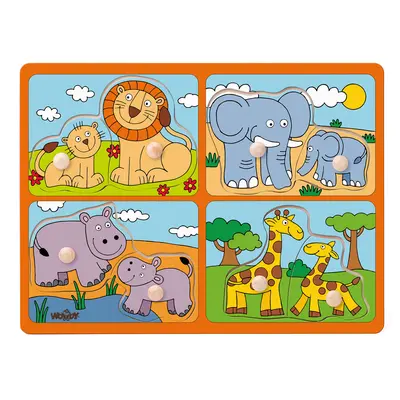 Puzzle din lemn cu butoni - Animale salbatice si puii lor TSG91914