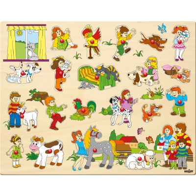 Puzzle din lemn cu butoni - Copii si animale (21 piese) TSG91912