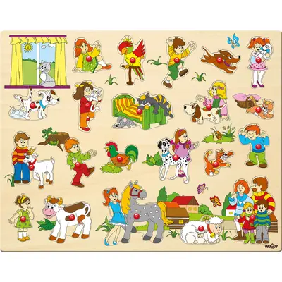 Puzzle din lemn cu butoni - Copii si animale (21 piese) TSG91912