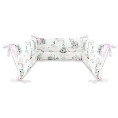 Qmini - Aparatoare pentru patut 140X70 cm, Din bumbac certificat Oeko Tex Standard 100, 210x30 cm, Cu panglici, Elephants on Rainbow Pink BYN6426972021098