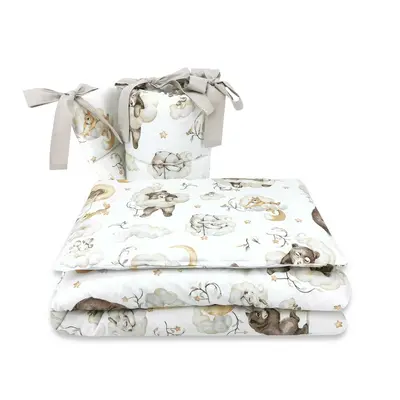 Qmini - Lenjerie patut 3 piese, Cu protectie laterala, Din bumbac certificat Oeko Tex Standard 100, Pentru patut 120x60 cm, Teddy Bear and Friends Beige BYN6426972019880