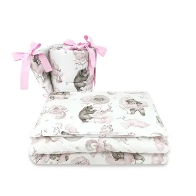 Qmini - Lenjerie patut 3 piese, Cu protectie laterala, Din bumbac certificat Oeko Tex Standard 100, Pentru patut 120x60 cm, Teddy Bear and Friends Pink BYN6426972019897