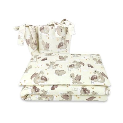 Qmini - Lenjerie patut 3 piese, Cu protectie laterala, Din bumbac certificat Oeko Tex Standard 100, Pentru patut 140x70 cm, Dragons Beige BYN6426972019774