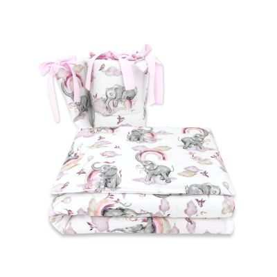 Qmini - Lenjerie patut 3 piese, Cu protectie laterala, Din bumbac certificat Oeko Tex Standard 100, Pentru patut 140x70 cm, Elephants on Rainbow Pink BYN6426972019828