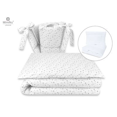 MimiNu - Set lenjerie patut 5 piese, Cu pilota si perna, Din bumbac certificat Oeko Tex Standard 100, Pentru patut 120x60 cm, Mini Gray Stars BYN6426972019989