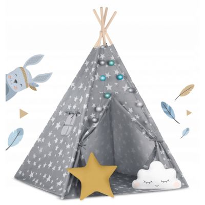 Cort de joaca pentru copii cu lumini si 2 pernite nukido 120 x 120 x 165 cm - gri cu stelute  edeedi740120