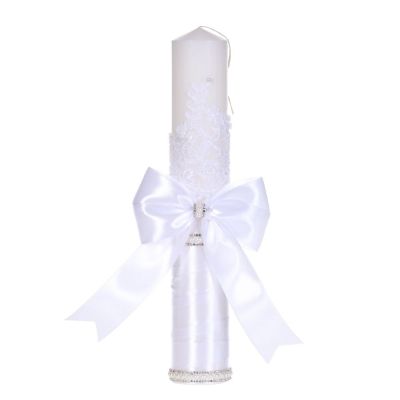 Lumanare botez decor alb elegant, dantela, margelute si fundita asortata, Denikos® C1188 NKO5964