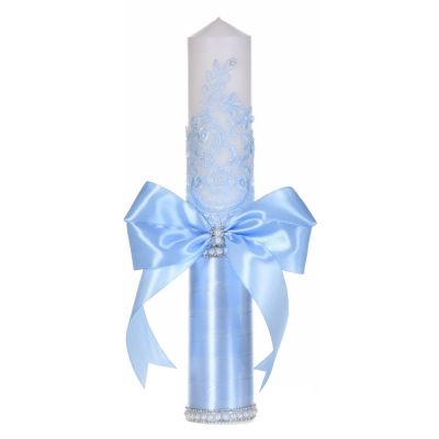 Lumanare botez decor bleu elegant, dantela, margelute si fundita asortata, Denikos® C1190 NKO5966