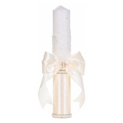 Lumanare botez decor crem/ivoire elegant, dantela, margelute si fundita asortata, Denikos® C1196 NKO5972