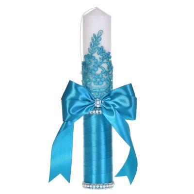 Lumanare botez decor turcoaz elegant, dantela, margelute si fundita asortata, Denikos® C1195 NKO5971