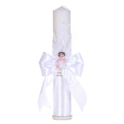 Lumanare botez eleganta decor alb dantela, ingeras cu pene si fundita asortata, Denikos® C1179 NKO5955