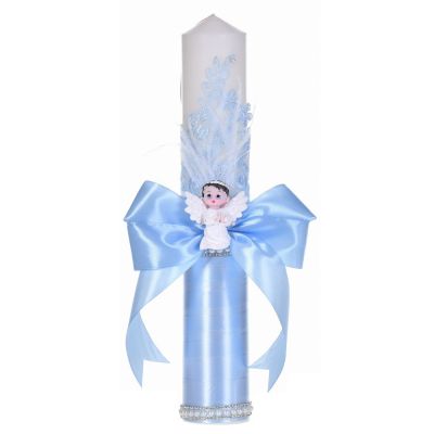 Lumanare botez eleganta decor bleu, dantela, ingeras cu pene si fundita asortata, Denikos® C1181 NKO5957