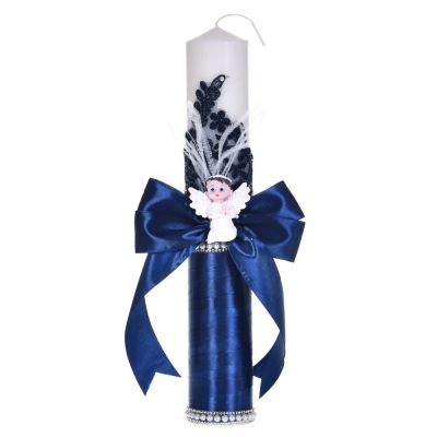 Lumanare botez eleganta decor bleumarin, dantela, ingeras cu pene si fundita asortata, Denikos® C1182 NKO5958