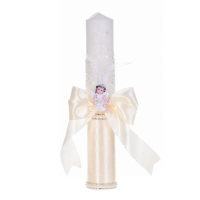 Lumanare botez eleganta decor crem / ivoire, dantela, ingeras cu pene si fundita asortata, Denikos® C1184 NKO5960