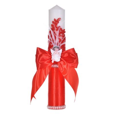 Lumanare botez eleganta decor rosu, dantela, ingeras cu pene si fundita asortata, Denikos® C1185 NKO5961