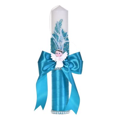 Lumanare botez eleganta decor turcoaz, dantela, ingeras cu pene si fundita asortata, Denikos® C1187 NKO5963