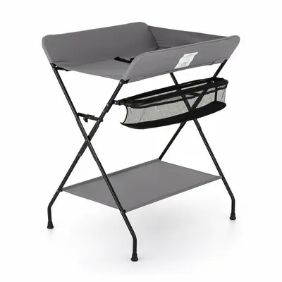 Feedo - Masuta multifunctionala pentru infasat si schimbat scutece, Pliabila, Cu raft pentru depozitare si compartiment lateral, Realizata din fier, panza si in, 80.5 x 67 x 102.5 cm, Gri BYN202206
