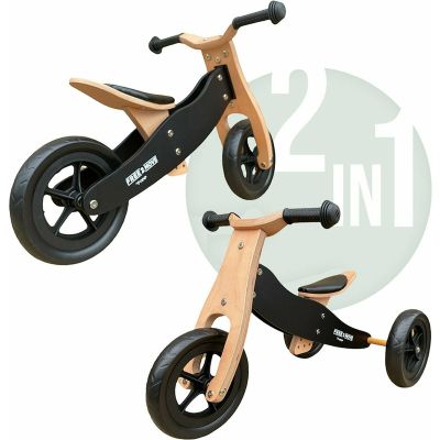 Bicicleta/tricicleta fara pedale din lemn, 2 in 1, Functie de bicicleta echilibru, Sa reglabila, Manere antiderapante, Roti ajustabile, 18 luni – 3 ani, Free2Move, Brown Black BYN42851