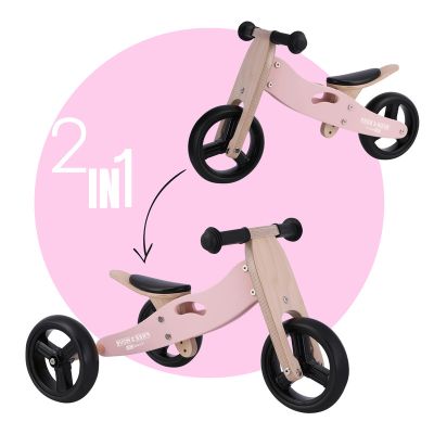 Bicicleta/tricicleta fara pedale din lemn, 2 in 1, Functie de bicicleta echilibru, Scaun reglabil, Roti ajustabile, Manere antiderapante, Varsta 1-3 ani, Free2Move, Dusty Pink BYN48822
