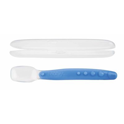 Nuby - Lingura din silicon pentru bebelusi, Cu maner arcuit, Cu carcasa de depozitare, 3+ luni, Albastru BYNID5555BLUE