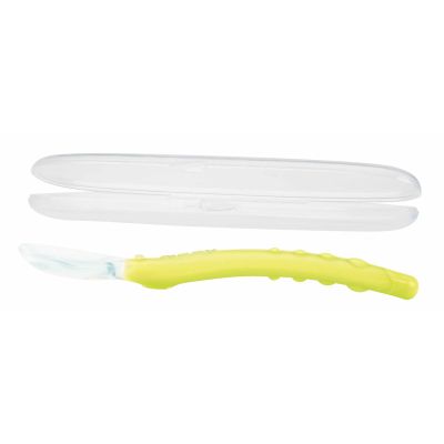 Nuby - Lingura din silicon pentru bebelusi, Cu maner arcuit, Cu carcasa de depozitare, 3+ luni, Galben/Verde BYNID5555GREEN