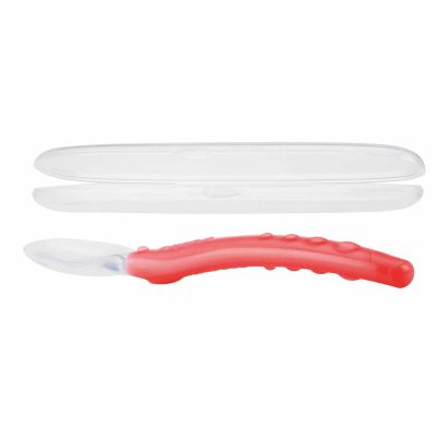 Nuby - Lingura din silicon pentru bebelusi, Cu maner arcuit, Cu carcasa de depozitare, 3+ luni, Rosu BYNID5555RED
