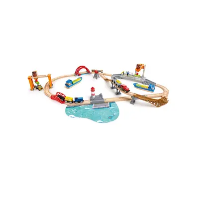 Jucarie din lemn - Set tren cu port de ridicare si incarcare TSGE3791A