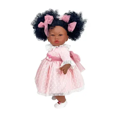 Papusa Artizanala cu miros de vanilie - Celia Afro cu rochita roz plumeti (45cm) TSG1702