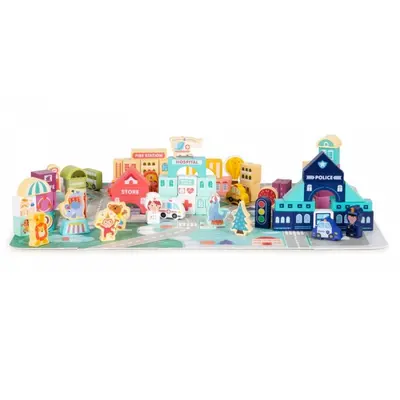 Set educational cu blocuri din lemn si covoras, 121 piese, city ecotoys ma802 edeedima802