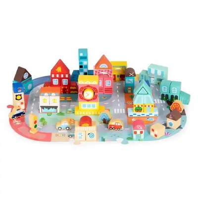 Set educational cu blocuri din lemn si covoras tip puzzle, 88 piese, city ecotoys ma705 edeedima705