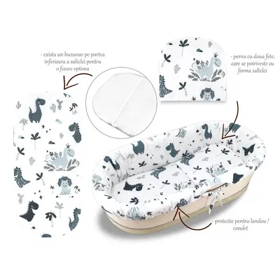 MimiNu - Set pentru landou/cosulet, Cu protectie, saltea si pernuta, Din bumbac certificat Oeko Tex Standard 100, Dino Granat BYN6426972023184