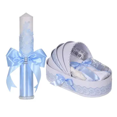 Set botez elegant, lumanare margelute si si trusou botez in landou, decor dantela bleu ingusta, Denikos&reg; C9302 NKO5997