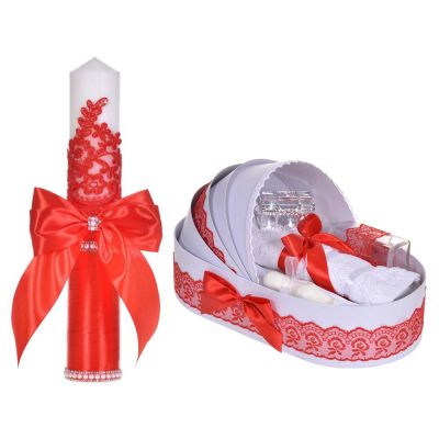 Set botez elegant, lumanare margelute si si trusou botez in landou, decor dantela rosie ingusta, Denikos® C9307 NKO6002