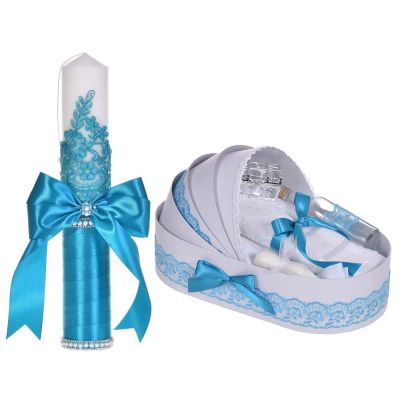 Set botez elegant, lumanare margelute si si trusou botez in landou, decor dantela turcoaz ingusta, Denikos® C9304 NKO5999