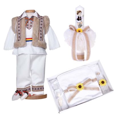 Set botez traditional baiat, trusou botez national, lumanare si costum popular, Denikos® C9278 NIK5973