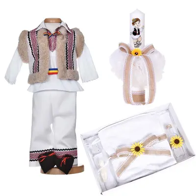 Set botez traditional baiat, trusou botez national, lumanare si costum popular, Denikos&reg; C9280 NIK5975