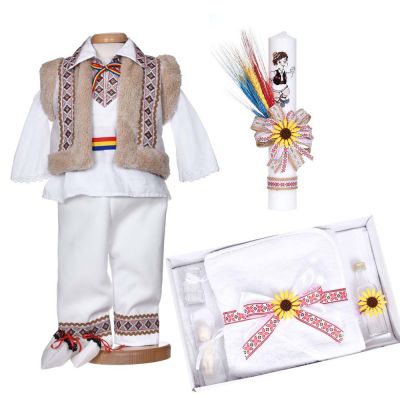Set botez traditional baiat, trusou botez national, lumanare si costum popular, Denikos® C9295 NIK5990