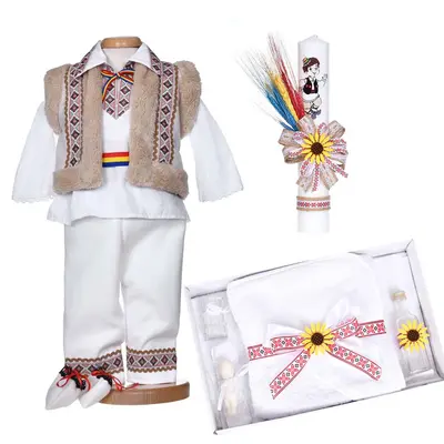 Set botez traditional baiat, trusou botez national, lumanare si costum popular, Denikos&reg; C9295 NIK5990