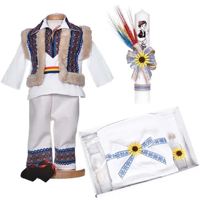 Set botez traditional baiat, trusou botez national, lumanare si costum popular, Denikos&reg; C9296 NIK5991