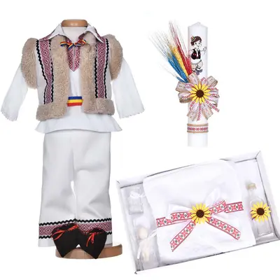 Set botez traditional baiat, trusou botez national, lumanare si costum popular, Denikos&reg; C9297 NIK5992