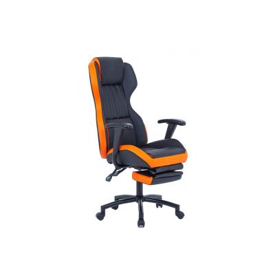 Scaun directorial gn77 kronos, suport picioare retractabil, mecanism multiblock, piele ecologica, baza metalica, 100 kg, negru/portocaliu drm4289