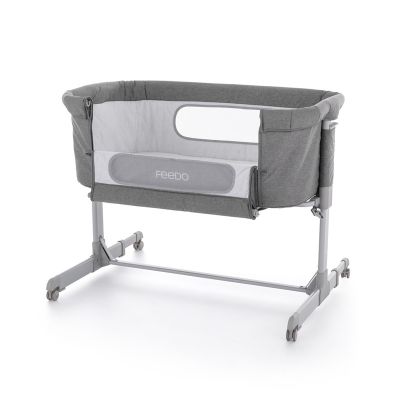 Feedo - Patut co-sleeper, Pliabil, Reglabil in 5 pozitii, Cu laterala detasabila, Include geanta de transport si salteluta, Cu roti, Greutate maxima suportata 9 kg, 0-5 luni, Gri BYN925112
