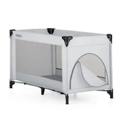 Feedo - Patut de calatorie, Pliabil, Cu geanta de transport inclusa, Cu intrare laterala si inchidere prin fermoar, Greutate maxima suportata 15 kg, 0-30 luni, Gri deschis BYN221795