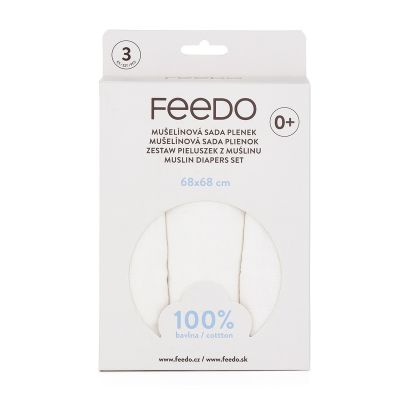 Feedo - Set 3 scutece din muselina, Multifunctionale, Din bumbac certificat Oeko-Tex Standard 100, 68x68 cm, 0 luni+, Alb BYN230202