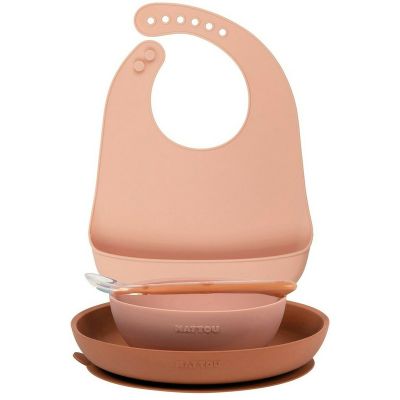 Nattou - Set de masa, Include baveta reglabila cu buzunar de colectare, bol, farfurie si lingurita, Silicon moale, Fara BPA, 4-36 luni+, Portocaliu BYN876810