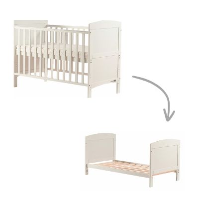 Patut din lemn Lory transformabil pentru bebe si junior, 120x60 cm, Din lemn de pin si mdf, Cu sina speciala pentru dentitie, Stabil si rezistent, Suport pentru saltea reglabil, FreeON, White BYN49157